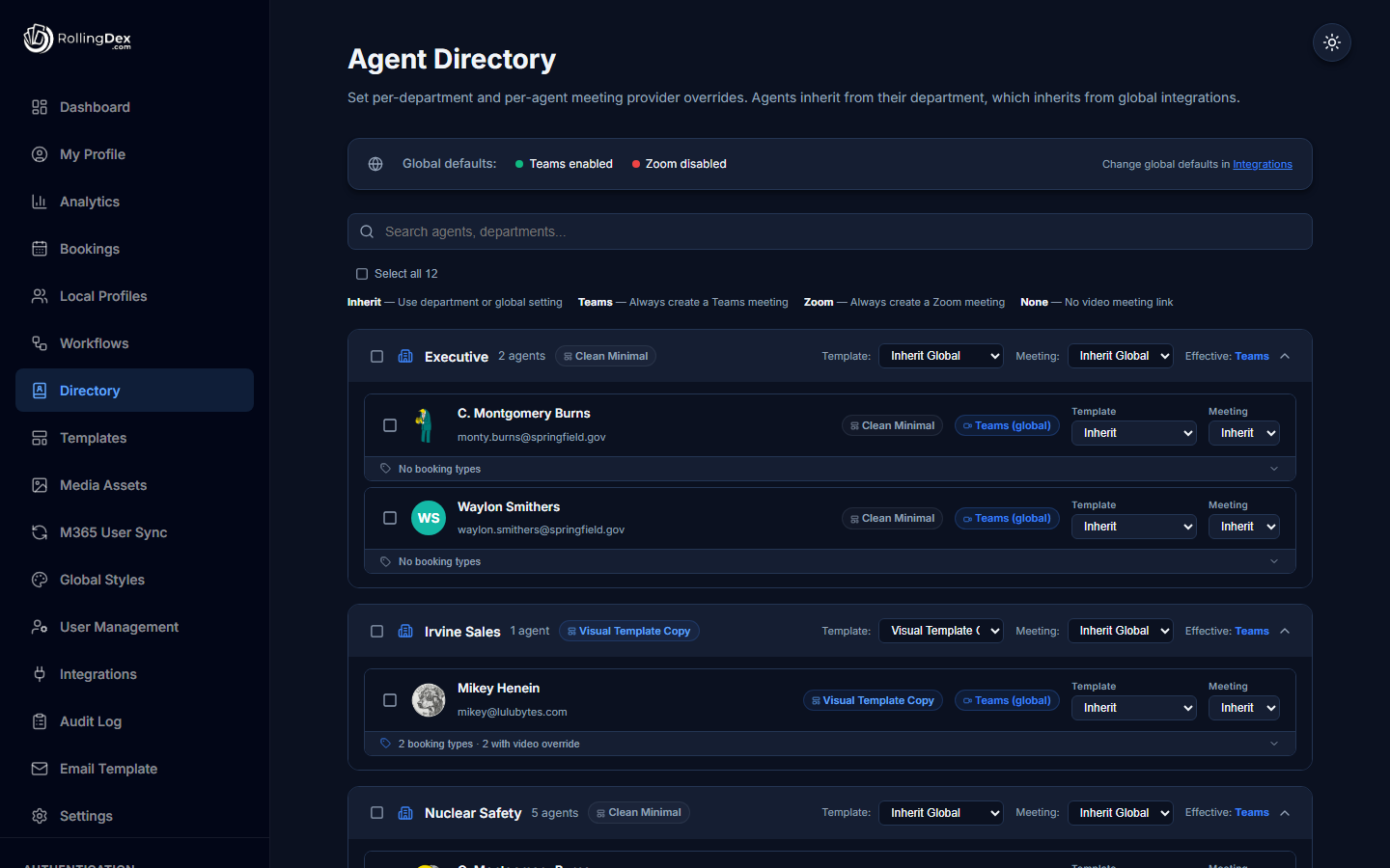 Agent directory grouped by department with per-agent template and meeting provider inheritance controls