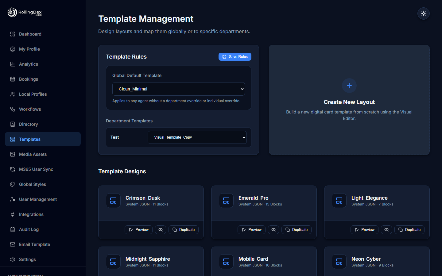 Template management screen with global and department template rules alongside a grid of template designs