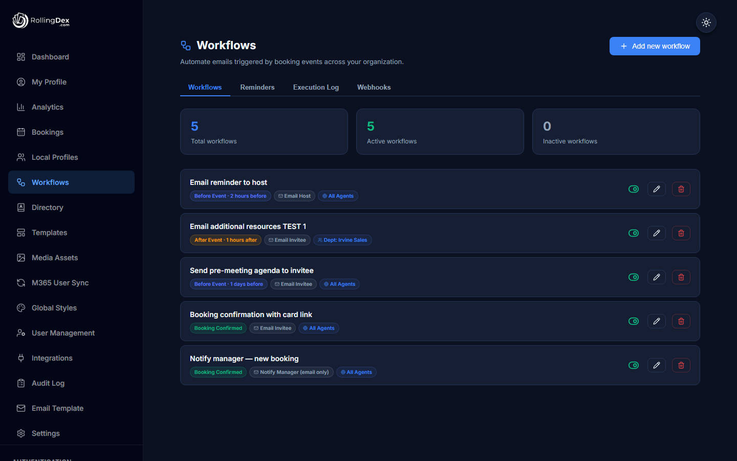 Workflow list showing automated booking emails with trigger, action and audience badges