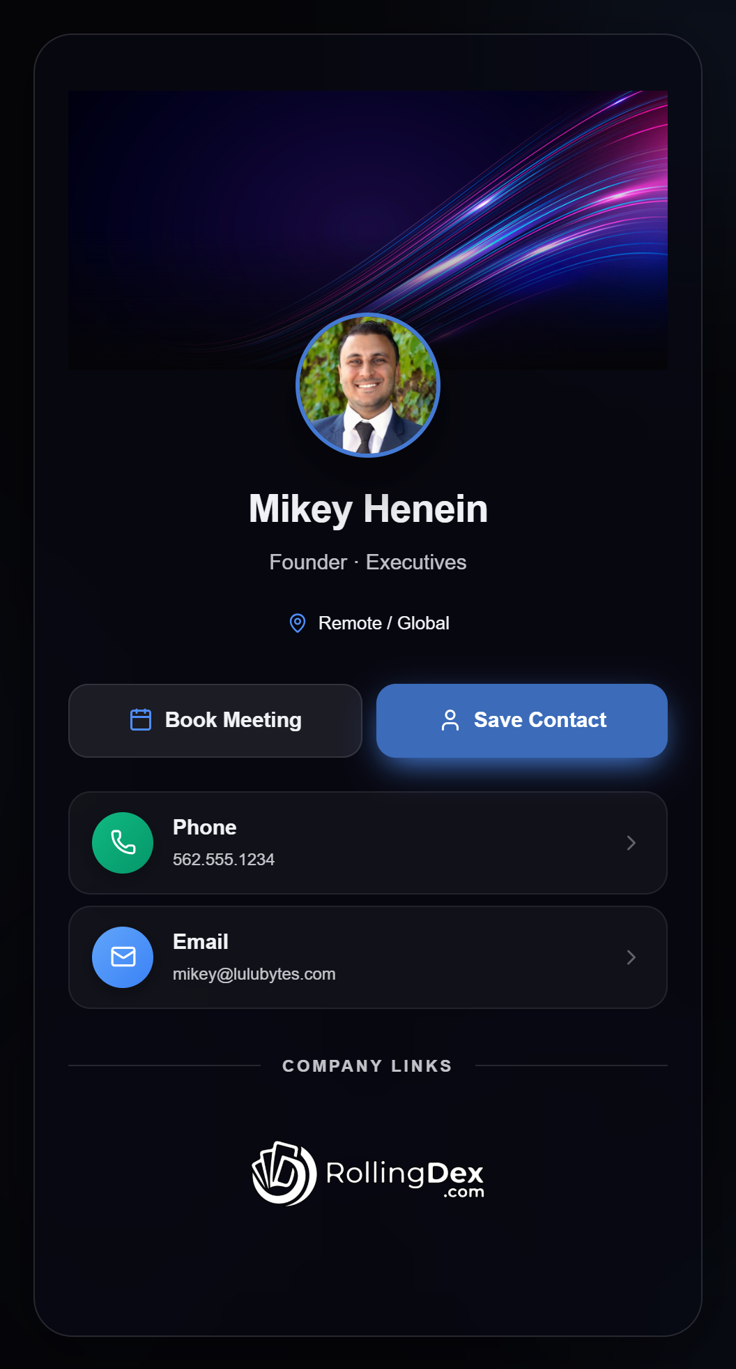A live RollingDex digital business card: banner, headshot, name and title, tap-to-call and email, Book Meeting and Save Contact buttons, and the company logo