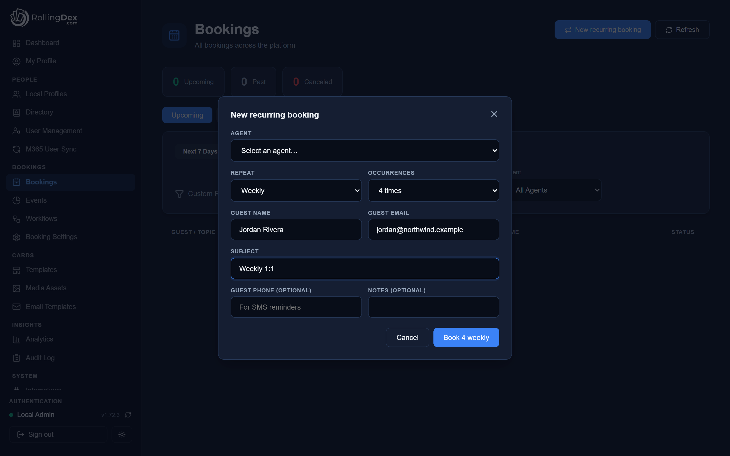 New recurring booking dialog set to repeat weekly for four occurrences, with agent, guest and subject fields