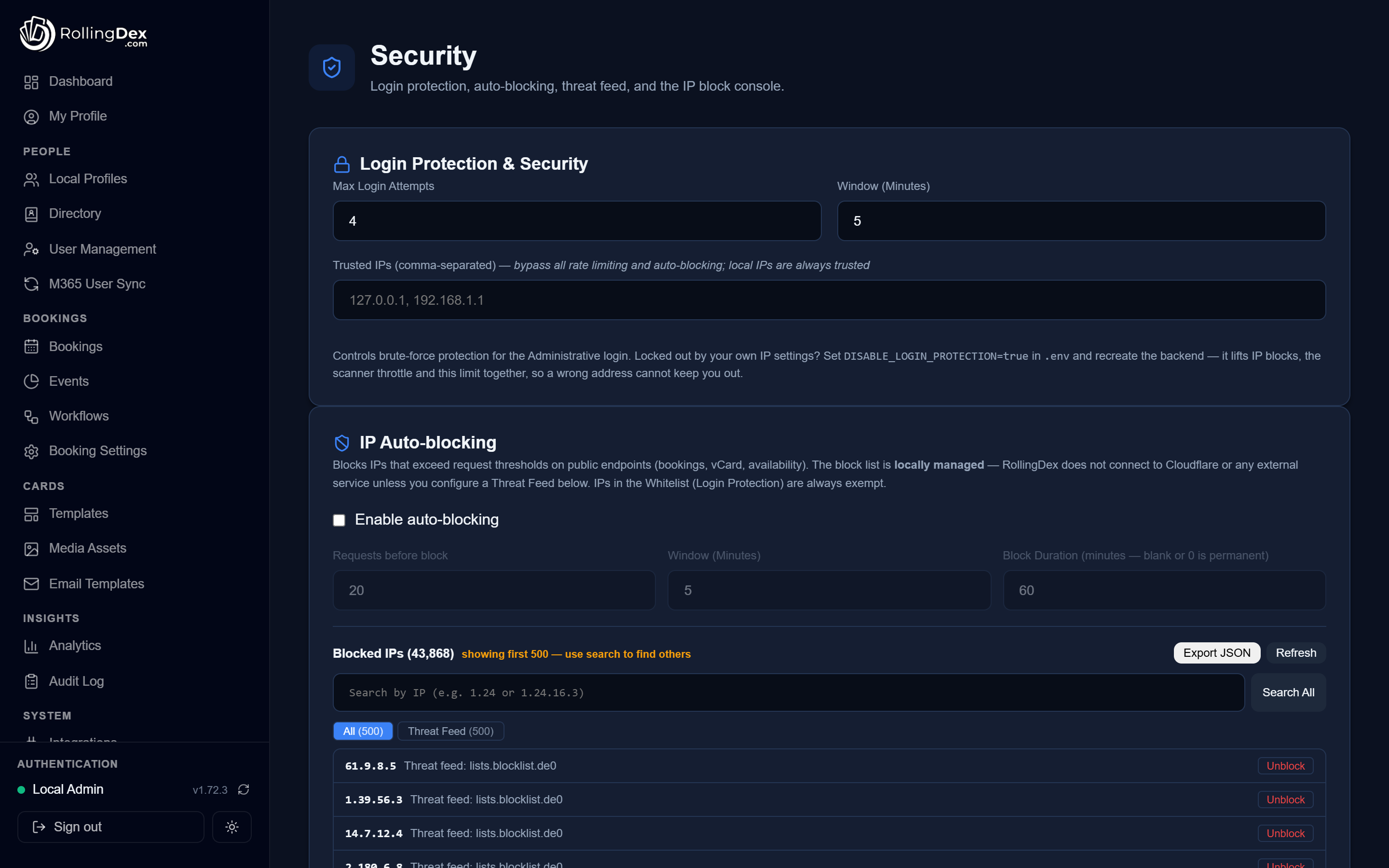 Security settings with login protection, IP auto-blocking and a blocked-IP console populated from threat feeds