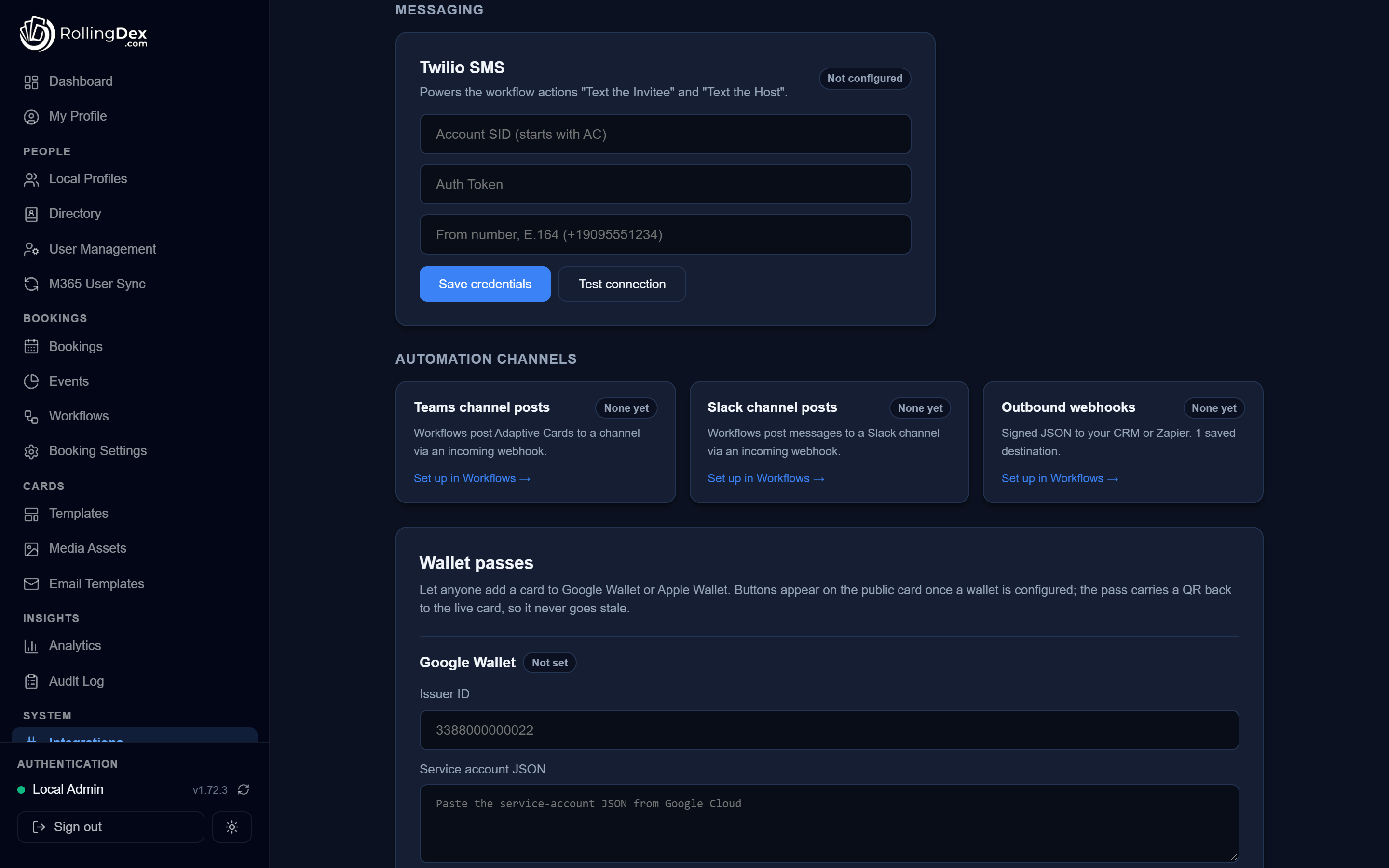 Integrations screen showing Twilio SMS setup and automation channels for Microsoft Teams, Slack and outbound webhooks